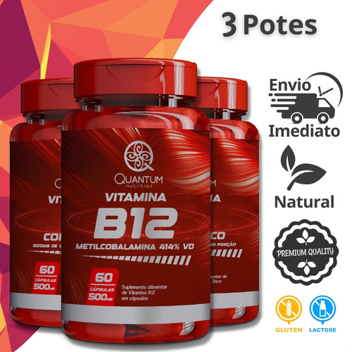 3 Potes Vitamina B12 Alta Concentração 414% Vd Kit 180 Cáps