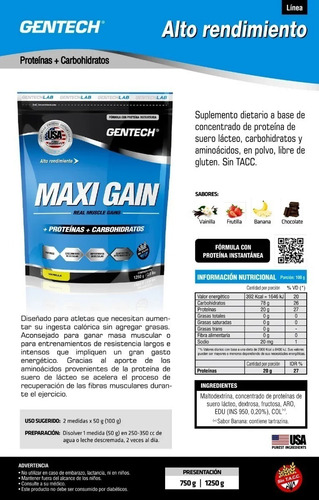 Imagen 2 de 3 de Suplemento Ganador Muscular Maxi Gain Gentech 750g Sin Tacc