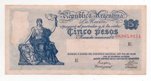 Billete 5 Pesos Moneda Nacional Progreso Bottero 1855 T Cort