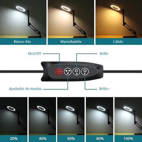 Lámpara Lupa De Aumento Lente Circular Luz Led Soporte 2en1