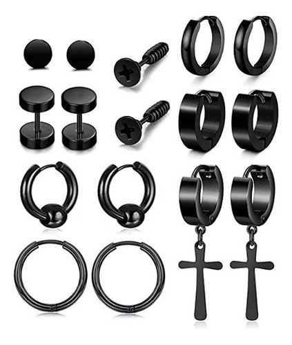 Pack 8 Pares Aretes Hombre Con Piercing, Aros Negros Hombre