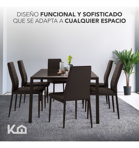 Juego Comedor 6 Sillas Con Mesa De Vidrio Templado Rectangular Estructura Metálica Para 6 Personas Moderno Color Marrón Kingshouse