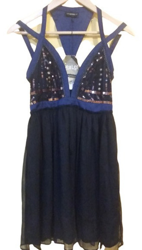 Vestido Fiesta Salsipuedes  Azul Y Negro Con Lentejuelas 