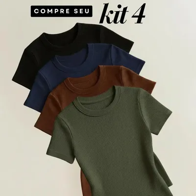Kit 4 Blusas Feminina Ribana Canelado Estilosa Básica Casual Preto, Marrom, Azul Marinho E Verde Liso Gg/exg (44/48)