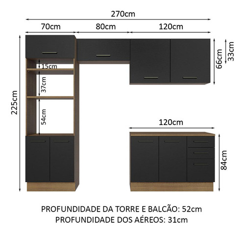 Armário De Cozinha Completa 270cm Madesa Agata 07 Rp Cor Rustic/Preto