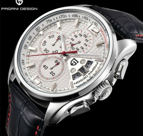 Relógio Pagani Design Branco E Vermelho Pulseira Couro Preto