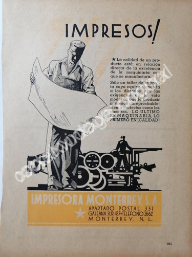 Cartel Retro Impresora Monterrey S.a 1941