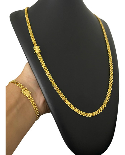 Cordão + Pulseira 5mm Cadeado Duplo Banhado A Ouro 18k Luxo