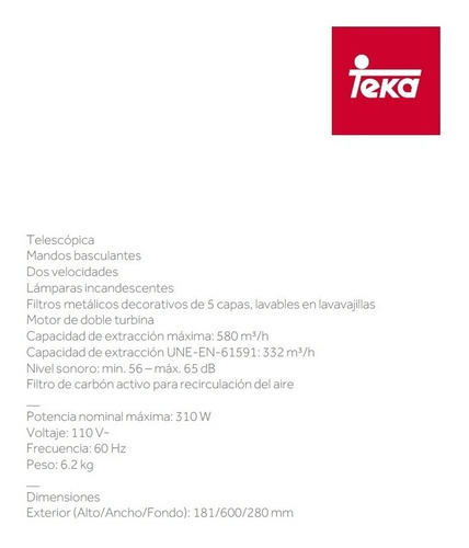 Campana Empotrable Teka Tl 6310 Acero Inoxidable