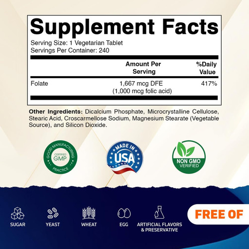 Vitamatic Ácido Fólico 1000 Mcg 240 Tabletas