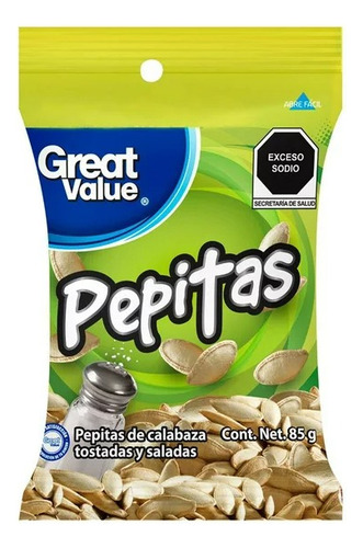 6 Pzas Pepitas Great Value Tostadas Y Saladas 85 G