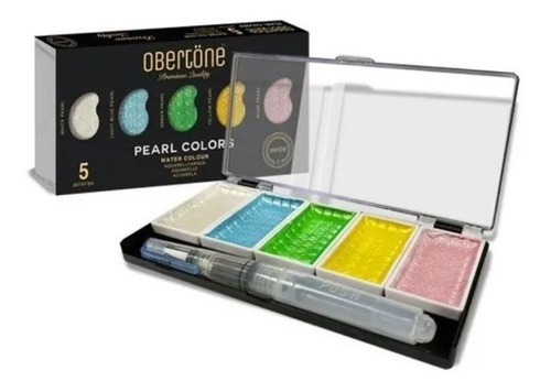 Set Con 5 Acuarelas Métalicas Obertöne Premium + Water Brush Color Pearl