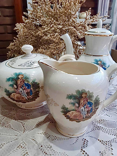 Antigua Loza Escena Galante Juego Tetera Cafetera Tazas