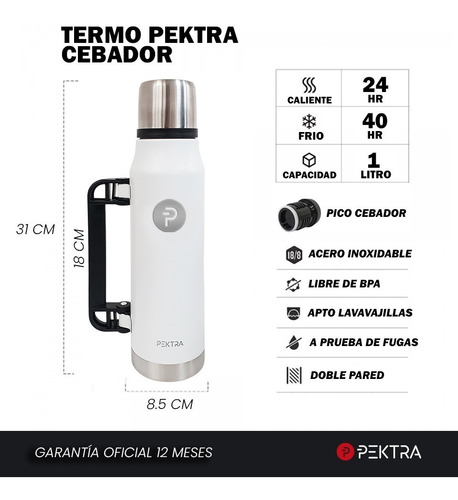 Imagen 4 de 10 de Termo Matero Pektra De Acero Inoxidable 1 L Pico Cebador