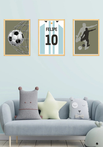 Cuadro Infantil Personalizado Futbol X 3 Verde Madera Natural