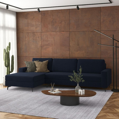 Sofá 244cm Linho Azul Marinho Loft 6 Lugares Chaise Esquerda