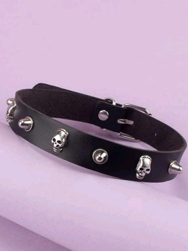 Choker Negro De Púas Y Calaveras Gargantilla Aesthetic Punk 