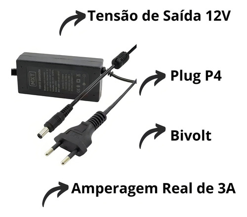 Fonte 12v 3a 36w Estabilizadora Bivolt Cftv P4 1m Mxt 146da