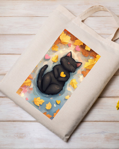 Bolso De Tela Lienzo / Estampado De Otoño / Gato 40x35cm Beige Otoño / Gatito