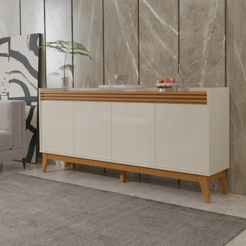 Buffet Aparador Ripado Com 4 Portas Monaco 180cm Off White E Cedro