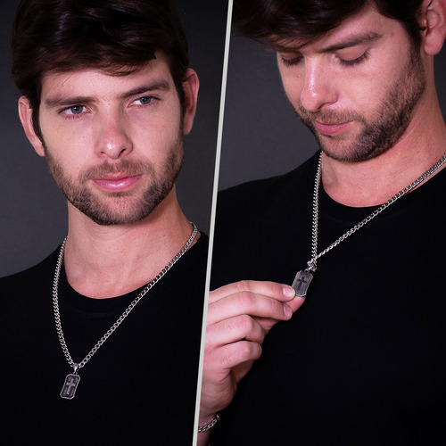 Corrente Colar Placa Cruz Masculino J-1433 Aço Inox Prata