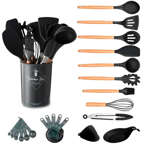 Kit 13 Peças De Silicone/bambu Utensílios Cozinha Resistente Cor Preto