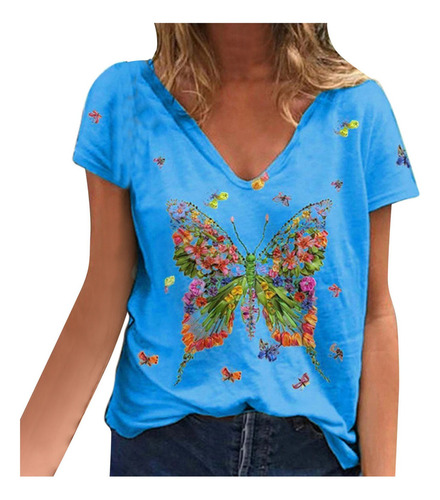 Q Blusa Mujer Cuello V Verano Manga Corta Mariposa P 9822