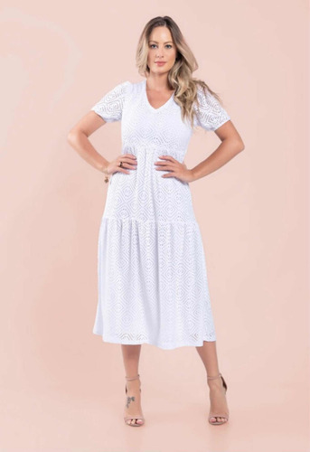 Imagem 2 de 5 de Vestido Mídi Malha Lese Branco Casamento Civil Ensaio