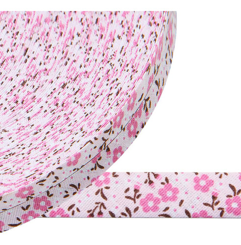 Viés Fino Tijuca 24mm 20 Metros 100% Algodão Cor 9813- Rosas Fundo Rosa Rosas