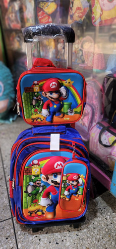 Morral Con Ruedas Mas Lonchera Mas Cartuchera De Mario Bros