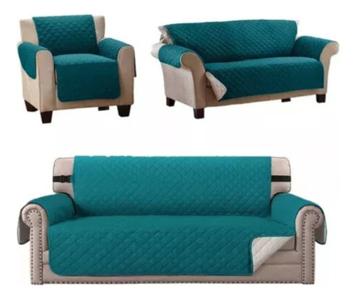 3 Pzs Protector Cubre Sala 2 Vistas Capitonado Lavable Veroh Azul Petróleo/gris Set De Cubre Sala Prime