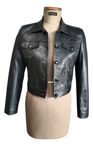 Chaqueta En Puro Cuero Genuino Estilo Levi*s Con Botón Forrado Y Manga Sastre
