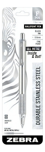Bolígrafo retráctil Zebra Pen F701 en acero inoxidable y exterior plateado con tinta negra