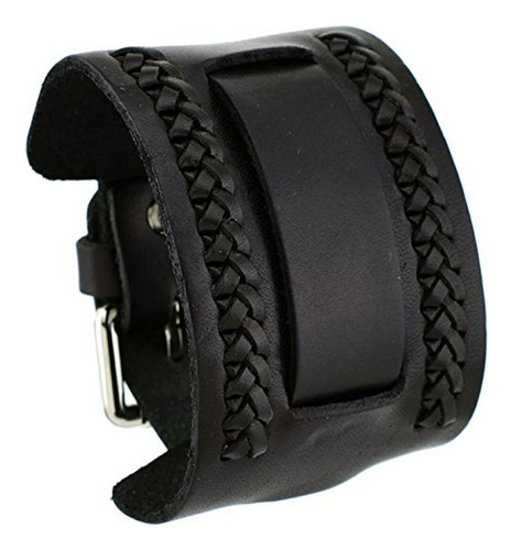 Brazalete De Reloj Ancho En Cuero Trenzado Negro ' Nw-k'