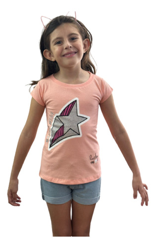 Remera Wish Brillantina Niñas Algodón Slim Coral T: 6 Y 10