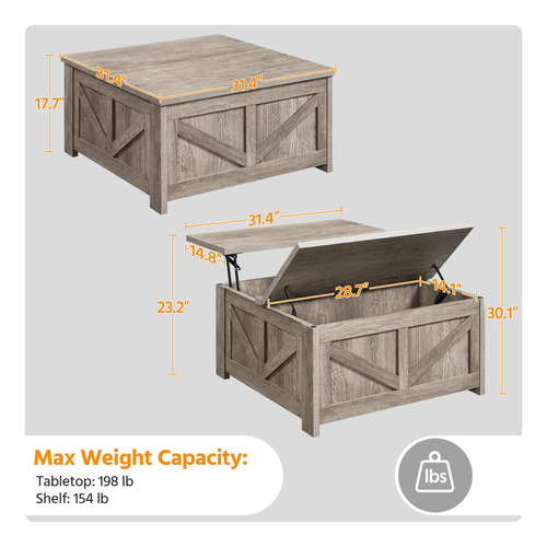 Yaheetech Mesa Auxiliar Elevable Mesa De Centro Cuadrada De