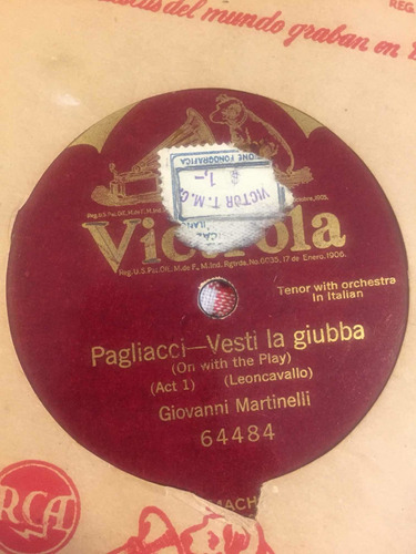 Disco De Pasta Victrola 64484 Giovanni Martinelli 78 Rpm