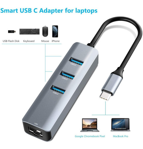 Imagen 3 de 7 de Adaptador Usb-c - Hub 3 Port Usb 3 + Red G. Ethernet