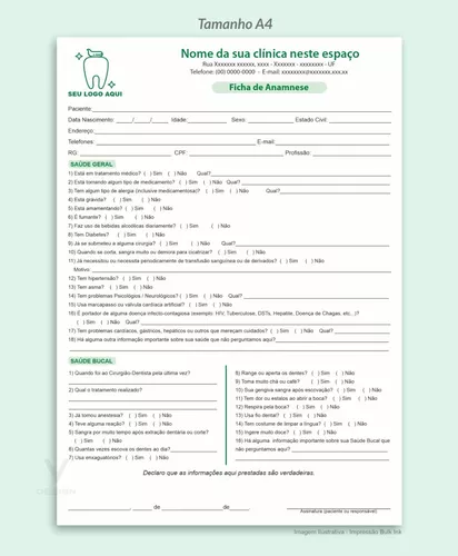 Bloco Anamnese Dentista 500 Fichas Tamanho 15x20cm A5