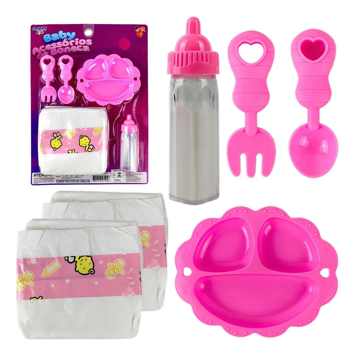 Kit Acessórios Para Boneca Fraldas Mamadeira Mágica Talheres