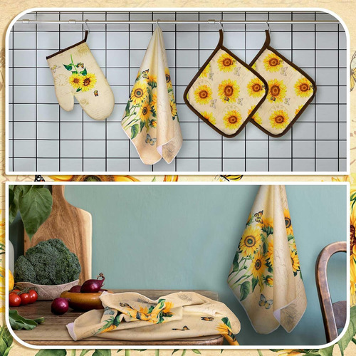 Juego De 6 Piezas De Toalla De Cocina Con Girasol, Guantes D