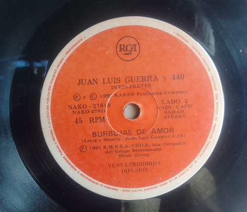 Vinilo Single Juan Luis Guerra Y 440 Burbujas De Amor