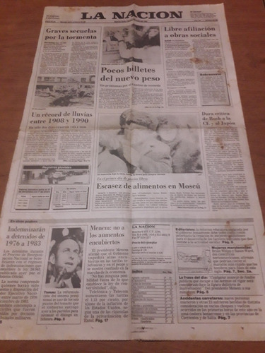 Tapa Diario La Nación 03 01 1992 Tormenta Peso Billetes 