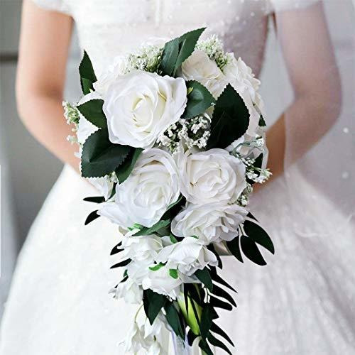 Wedding Bride Bouquet Perfect for Wedding Church Ansofi Cascading Wedding Bridal Bouquet Wedding Holding Bouquet with Artificial Roses Lace Long Ribbon 
