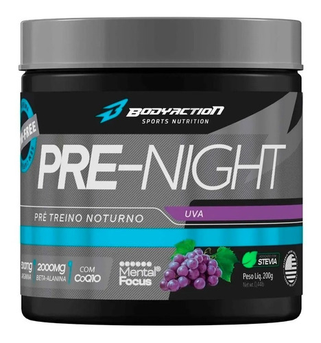 Pre Night 200g Pré Treino Noturno Sem Cafeína Body Action Sabor Uva E Blueberry