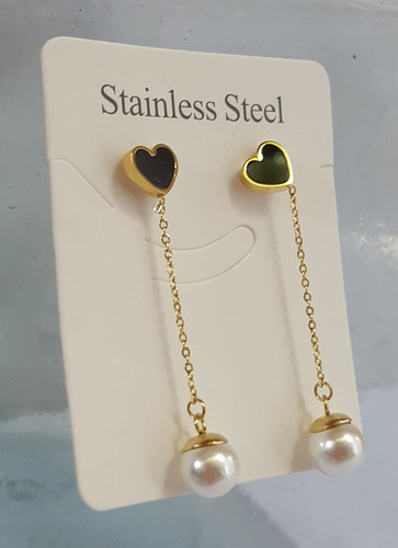 Aretes Largos De Acero Inoxidable Corazón Negro Perla Cadena (Usado)