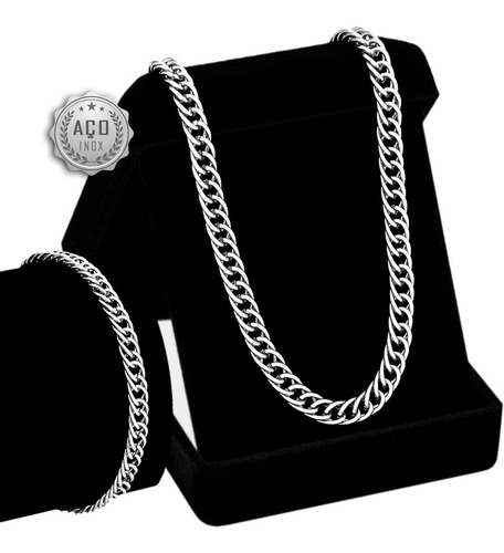 Conjunto Cordão Pulseira Masculino Elo Duplo Cj-22 Aço Inox