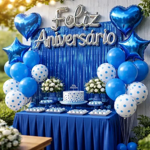 Kit Balão Feliz Aniversário 26 Peças Decoração Festa Letreiro Prata E Cortina Bexigas Azul