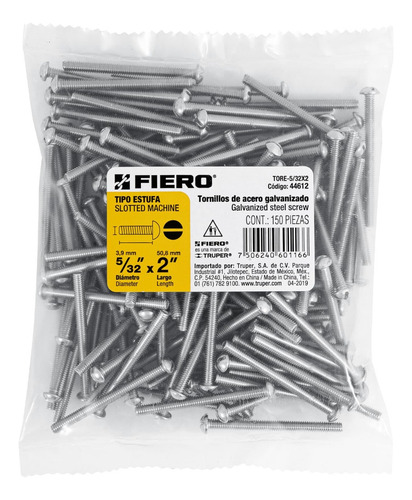 Bolsa Con 150 Tornillos 5/32 X 2 Tipo Estufa, Fiero 44612