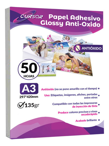 Papel Adhesivo Antioxido Glossy Brillante A3 135g / 50hojas